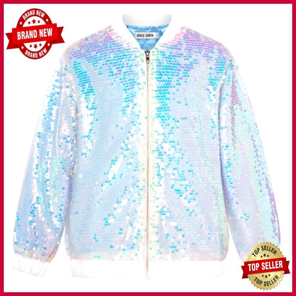 Sparkle Sequin Bomber Jacket Kids Windproof Fall Coat Zipper Front Elastic Hem